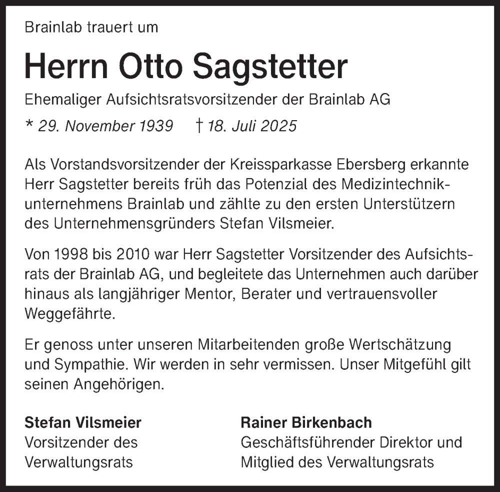  Traueranzeige für Otto Sagstetter vom 05.08.2025 aus Süddeutsche Zeitung