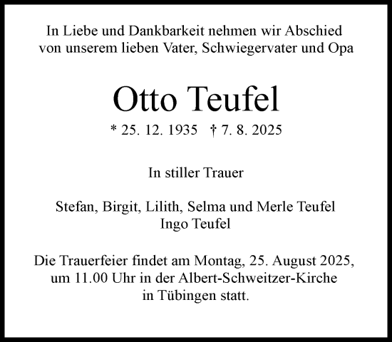 Traueranzeige von Otto Teufel von Süddeutsche Zeitung