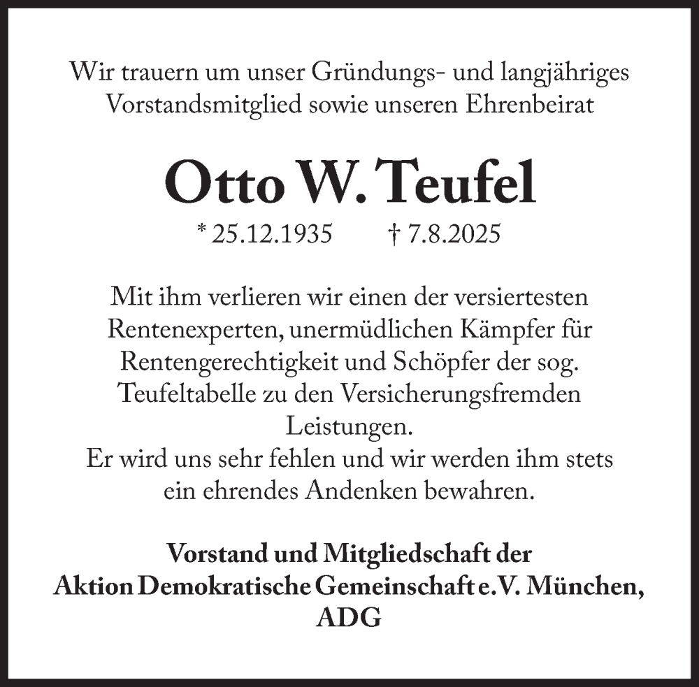  Traueranzeige für Otto W. Teufel vom 23.08.2025 aus Süddeutsche Zeitung