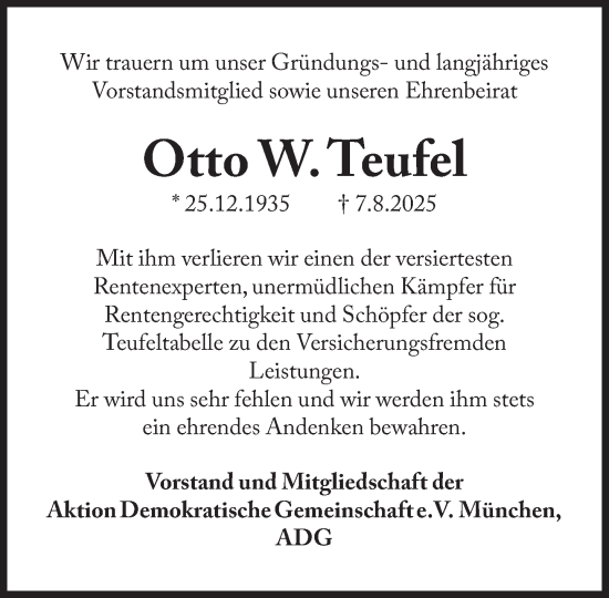 Traueranzeige von Otto W. Teufel von Süddeutsche Zeitung