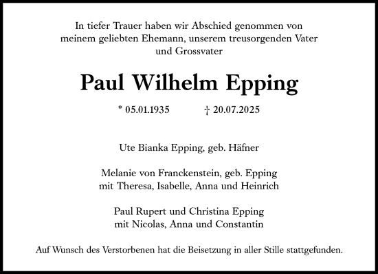 Traueranzeige von Paul Wilhelm Epping von Süddeutsche Zeitung