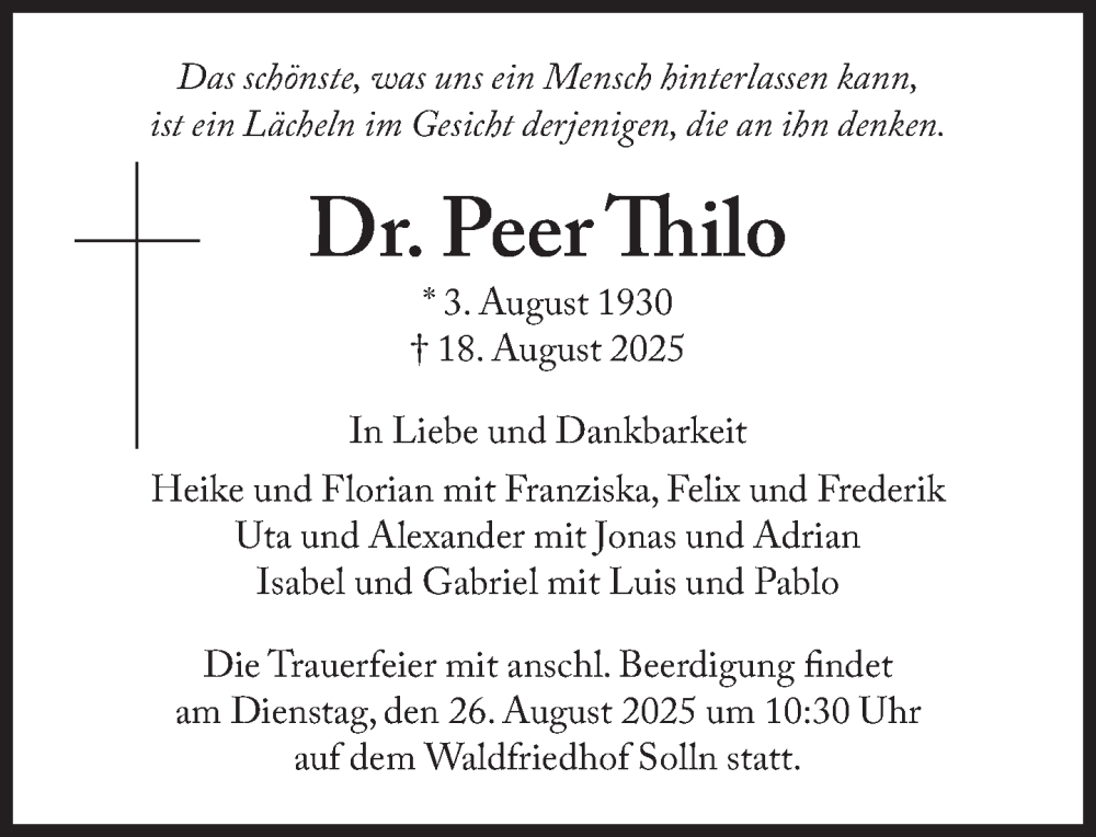  Traueranzeige für Peer Thilo vom 23.08.2025 aus Süddeutsche Zeitung