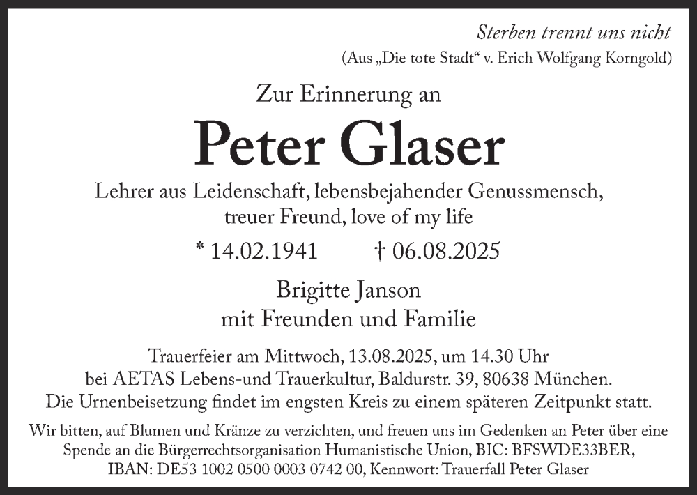  Traueranzeige für Peter Glaser vom 09.08.2025 aus Süddeutsche Zeitung