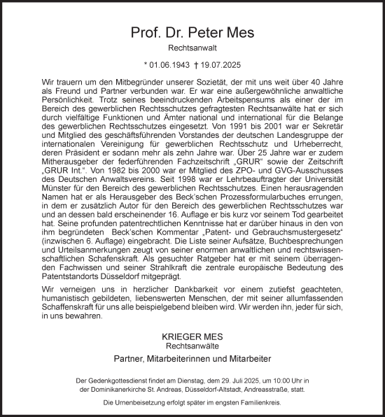 Traueranzeige von Peter Mes von Süddeutsche Zeitung