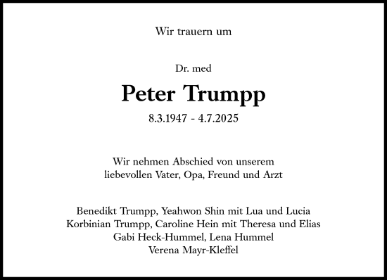 Traueranzeige von Peter Trumpp von Süddeutsche Zeitung