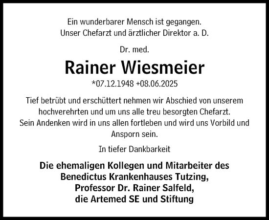 Traueranzeige von Rainer Wiesmeier von Süddeutsche Zeitung