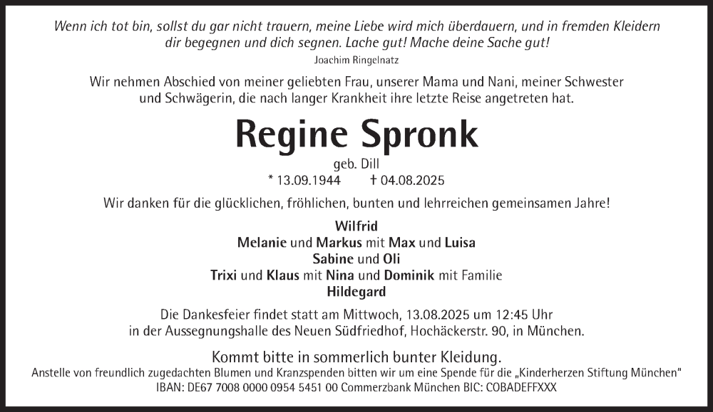  Traueranzeige für Regine Spronk vom 09.08.2025 aus Süddeutsche Zeitung
