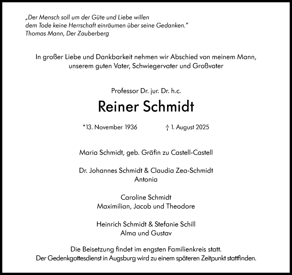  Traueranzeige für Reiner Schmidt vom 06.08.2025 aus Süddeutsche Zeitung