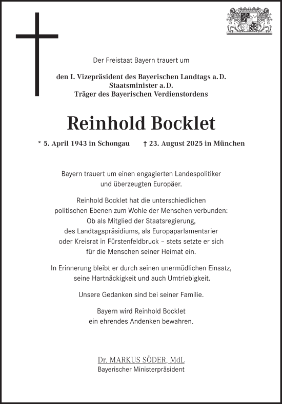 Traueranzeige von Reinhold Bocklet von Süddeutsche Zeitung