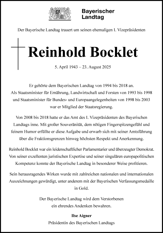 Traueranzeige von Reinhold Bocklet von Süddeutsche Zeitung