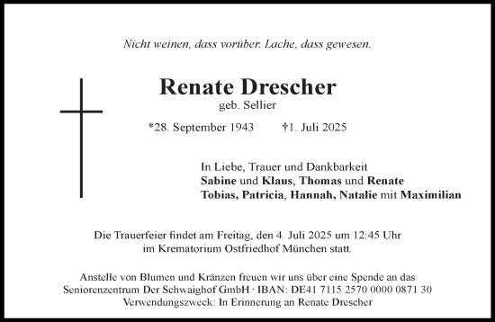Traueranzeige von Renate Drescher von Süddeutsche Zeitung