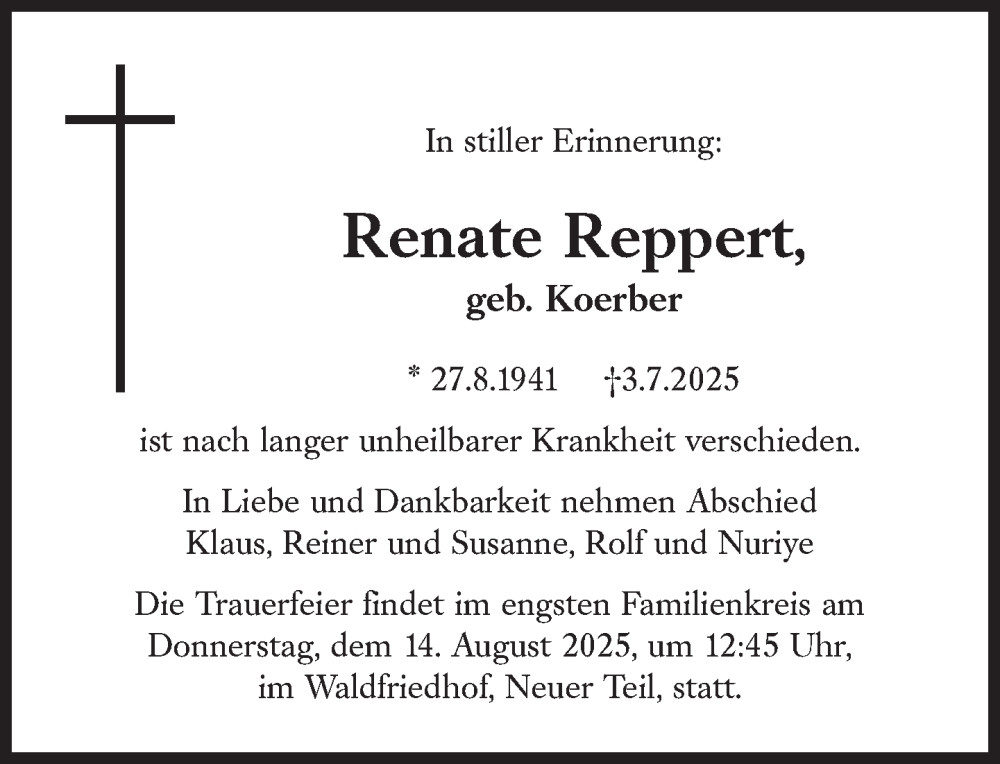  Traueranzeige für Renate Reppert vom 19.07.2025 aus Süddeutsche Zeitung