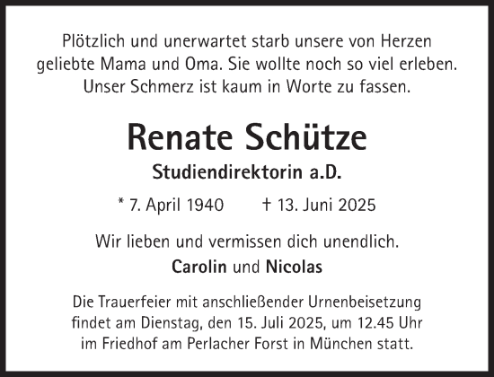 Traueranzeige von Renate Schütze von Süddeutsche Zeitung