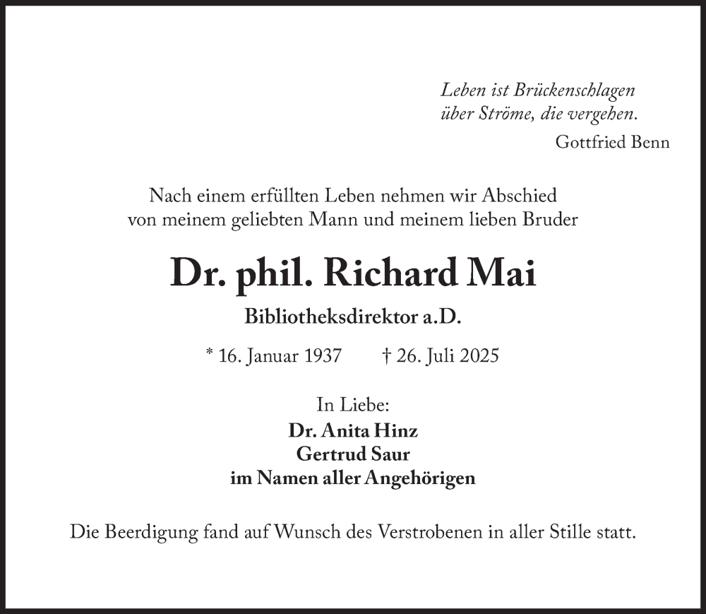  Traueranzeige für Richard Mai vom 09.08.2025 aus Süddeutsche Zeitung