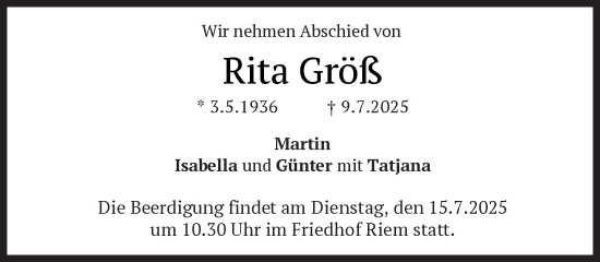 Traueranzeige von Rita Größ von Süddeutsche Zeitung