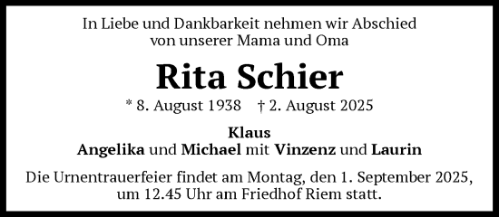 Traueranzeige von Rita Schier von Süddeutsche Zeitung