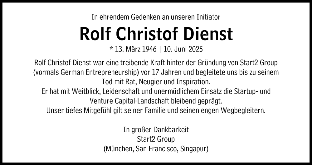  Traueranzeige für Rolf Christof Dienst vom 26.07.2025 aus Süddeutsche Zeitung