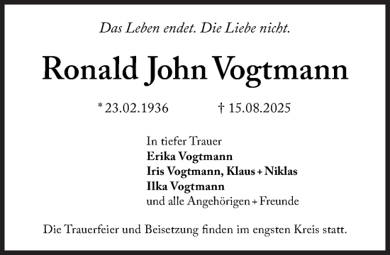 Traueranzeige von Ronald John Vogtmann von Süddeutsche Zeitung