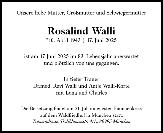 Traueranzeige von Rosalind Walli von Süddeutsche Zeitung