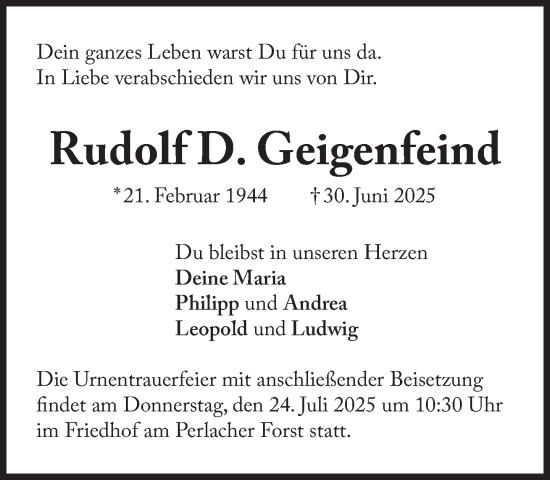 Traueranzeige von Rudolf D. Geigenfeind von Süddeutsche Zeitung
