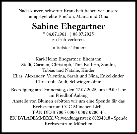 Traueranzeige von Sabine Ehegartner von Süddeutsche Zeitung