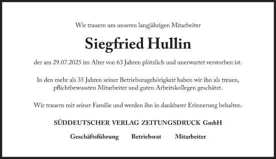 Traueranzeige von Siegfried Hullin von Süddeutsche Zeitung