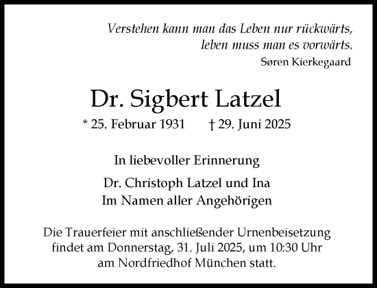 Traueranzeige von Sigbert Latzel von Süddeutsche Zeitung