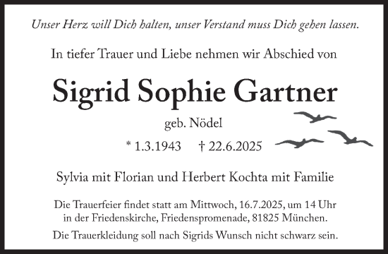 Traueranzeige von Sigrid Sophie Gartner von Süddeutsche Zeitung