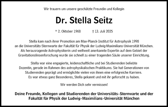 Traueranzeige von Stella Seitz von Süddeutsche Zeitung