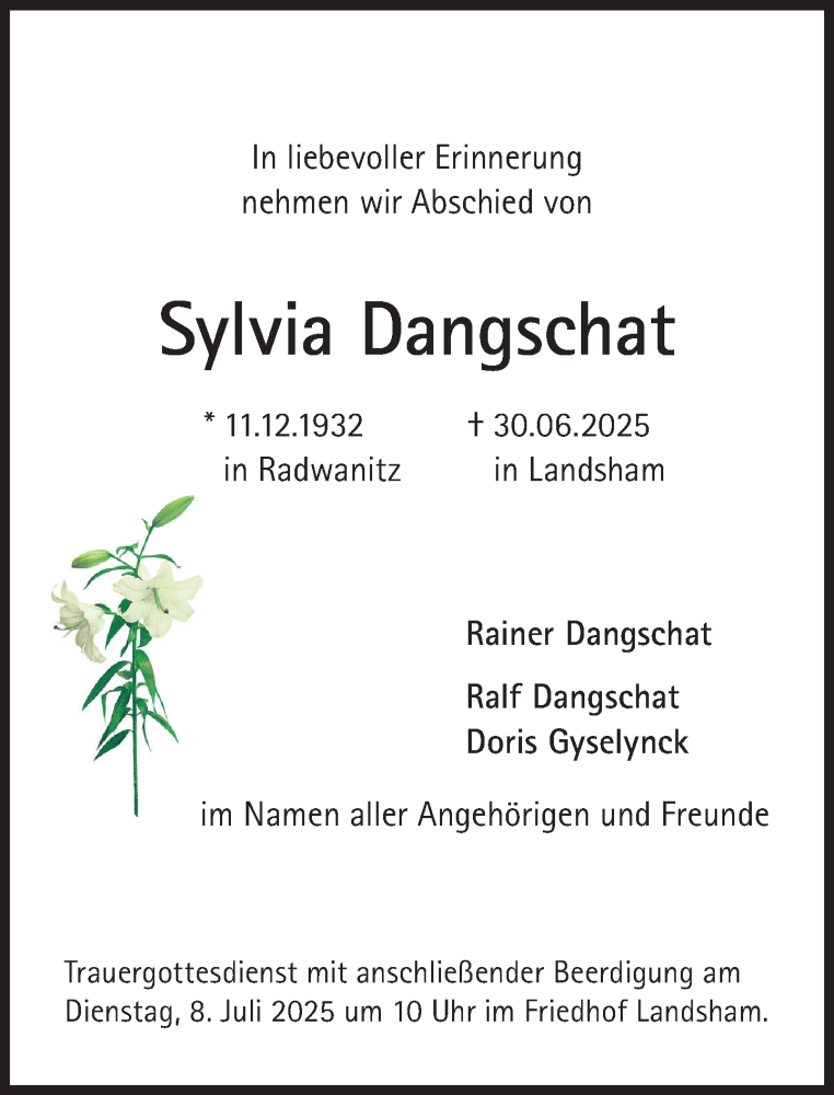  Traueranzeige für Sylvia Dangschat vom 04.07.2025 aus Süddeutsche Zeitung