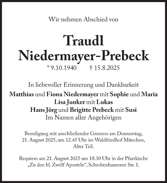 Traueranzeige von Traudl Niedermayer-Prebeck von Süddeutsche Zeitung