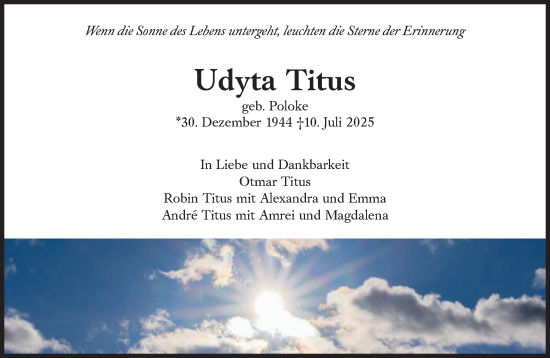 Traueranzeige von Udyta Titus von Süddeutsche Zeitung