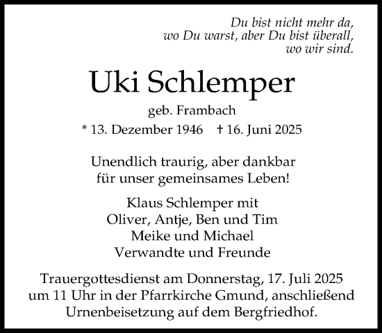 Traueranzeige von Uki Schlemper von Süddeutsche Zeitung