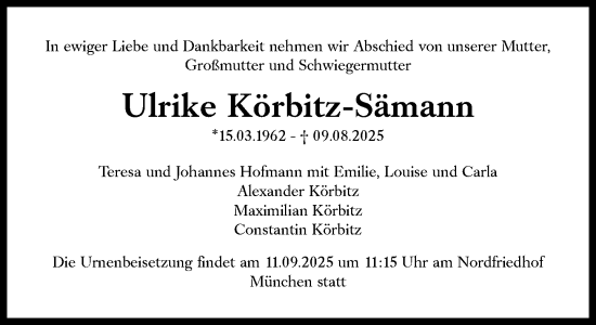 Traueranzeige von Ulrike Körbitz-Sämann von Süddeutsche Zeitung