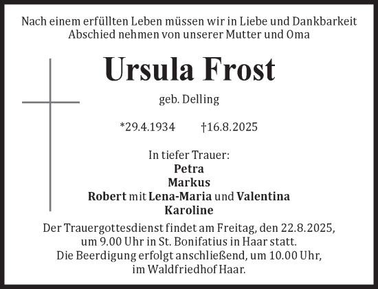 Traueranzeige von Ursula Frost von Süddeutsche Zeitung