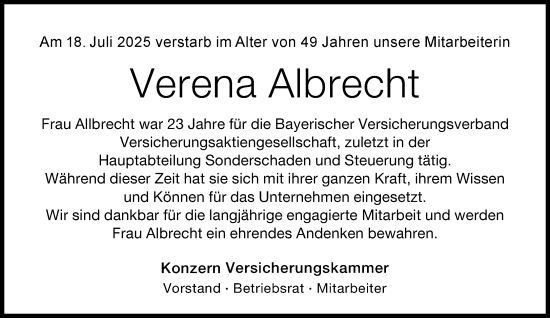 Traueranzeige von Verena Albrecht von Süddeutsche Zeitung