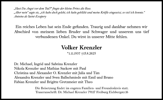 Traueranzeige von Volker Krenzler von Süddeutsche Zeitung