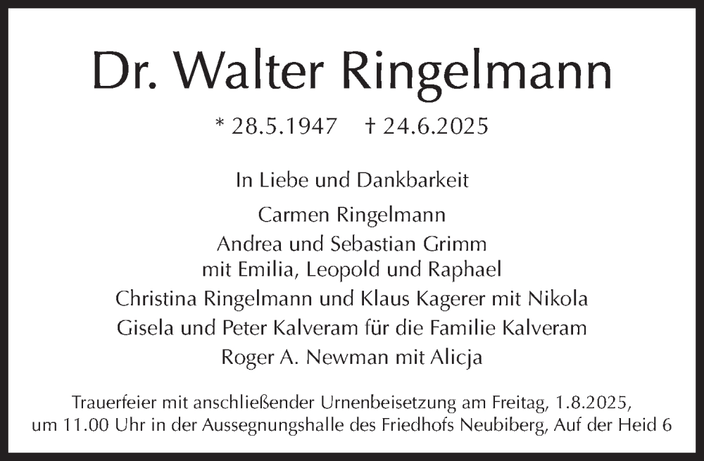  Traueranzeige für Walter Ringelmann vom 19.07.2025 aus Süddeutsche Zeitung