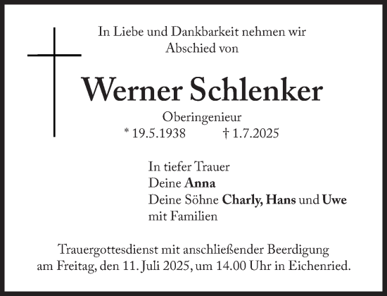 Traueranzeige von Werner Schlenker von Süddeutsche Zeitung