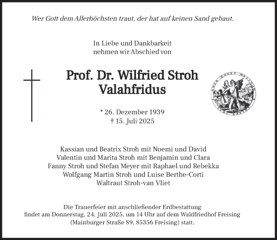 Traueranzeige von Wilfried Stroh Valahfridus von Süddeutsche Zeitung