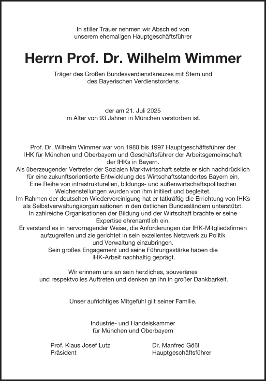 Traueranzeige von Wilhelm Wimmer von Süddeutsche Zeitung
