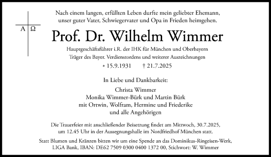 Traueranzeige von Wilhelm Wimmer von Süddeutsche Zeitung