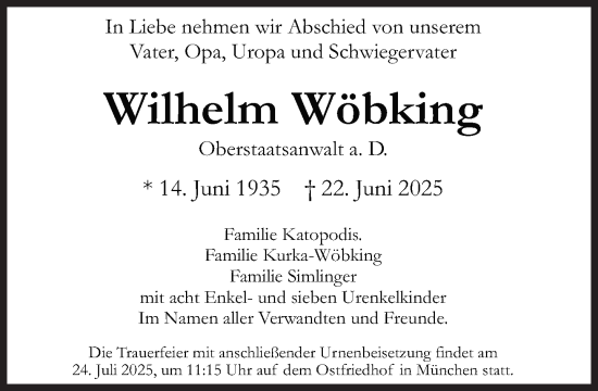 Traueranzeige von Wilhelm Wöbking von Süddeutsche Zeitung