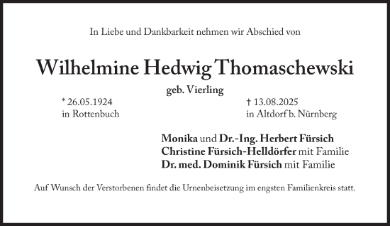 Traueranzeige von Wilhelmine Hedwig Thomaschewski von Süddeutsche Zeitung