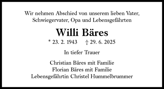 Traueranzeige von Willi Bäres von Süddeutsche Zeitung