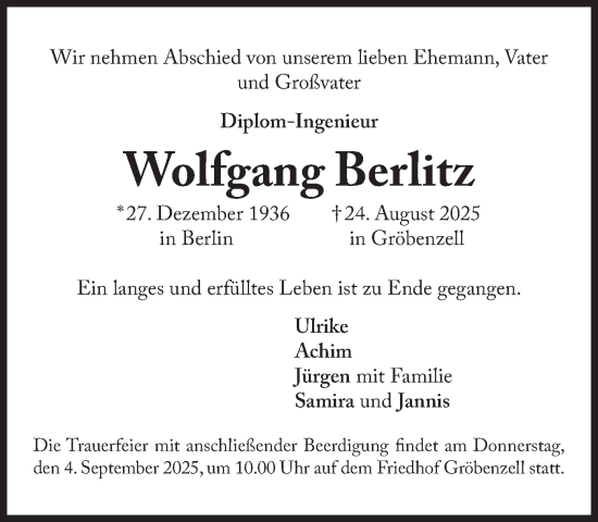 Traueranzeige von Wolfgang Berlitz von Süddeutsche Zeitung