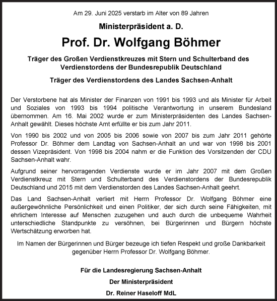 Traueranzeige von Wolfgang Böhmer von Süddeutsche Zeitung