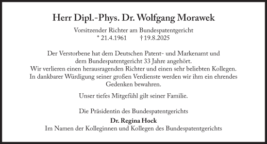 Traueranzeige von Wolfgang Morawek von Süddeutsche Zeitung