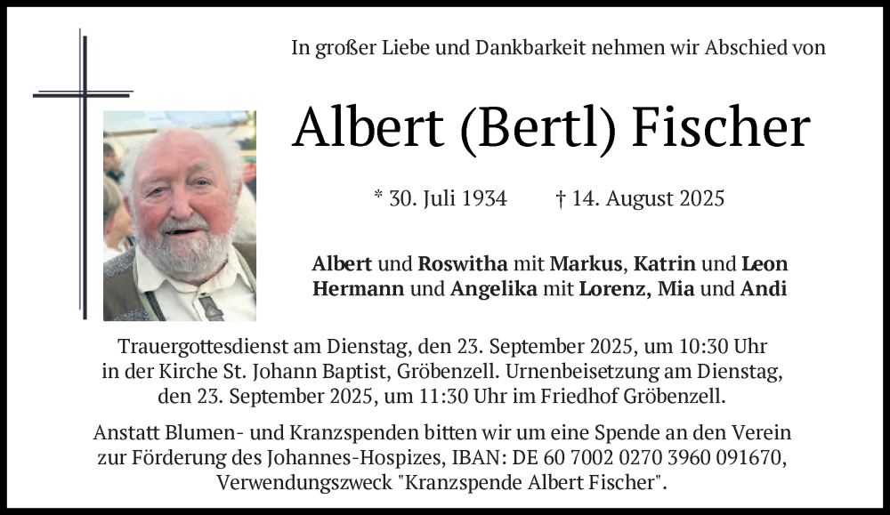  Traueranzeige für Albert Fischer vom 13.09.2025 aus Süddeutsche Zeitung