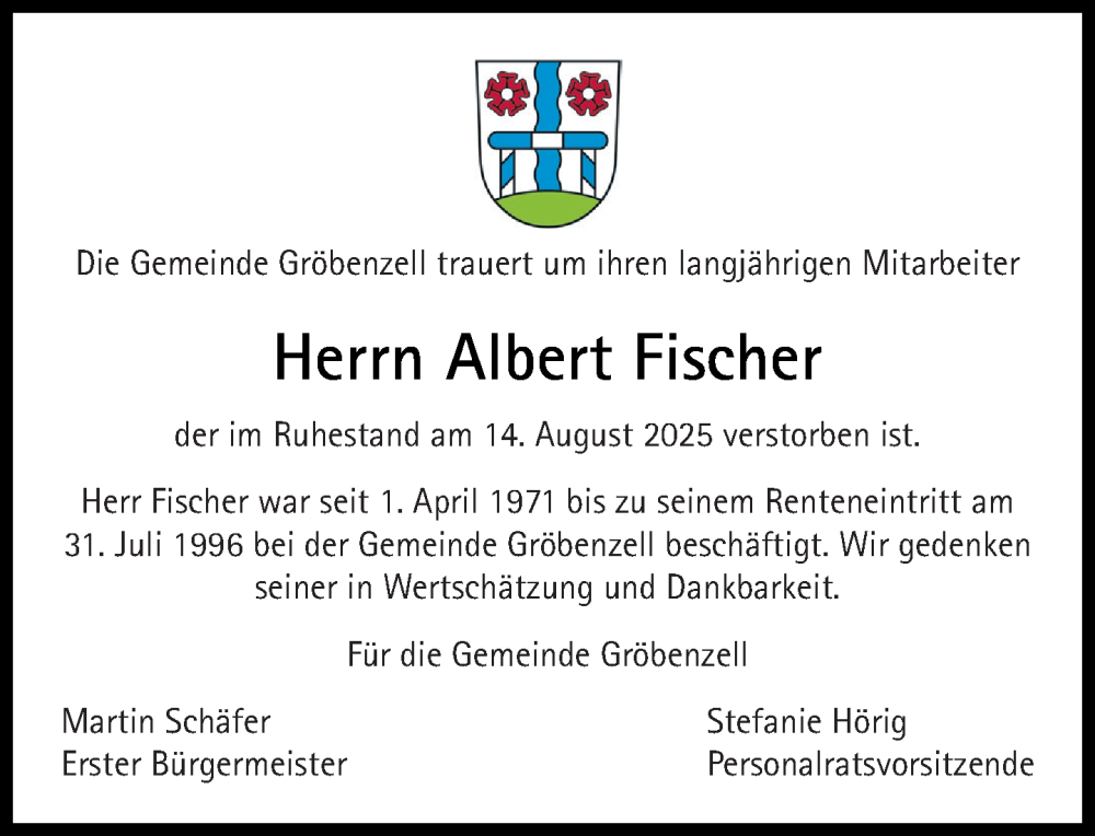  Traueranzeige für Albert Fischer vom 20.09.2025 aus Süddeutsche Zeitung